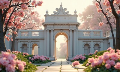 Neoclassical Archway with Pink Blossoms and Stone Path