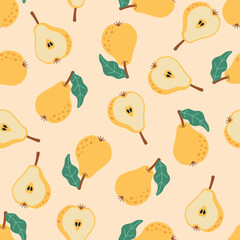 Seamless Pear Pattern with Hand-Drawn Style. A seamless pattern featuring hand-drawn whole and sliced pears with leaves on a soft beige background. Perfect for textiles, wallpapers and packaging