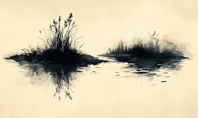 Fototapeta premium Water reflects dark, grassy islands.