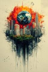 Global warming apocalypse; city consumed by flames.