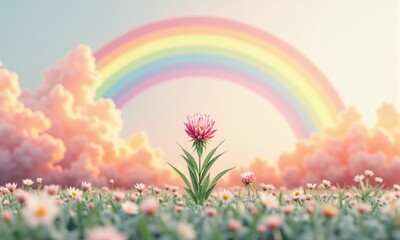 Fototapeta premium Pink Flower in Field with Rainbow and Clouds