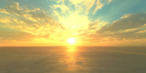 Obraz premium Golden Hour Horizon: A vibrant and breathtaking sunset paints the sky with fiery hues of orange, yellow, and pink, casting a warm glow over the tranquil ocean waters.