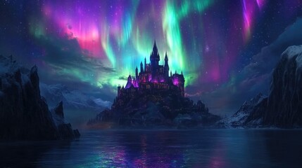 Fantasy island with a glowing castle, vibrant auroras, and stars creating a magical night ambiance