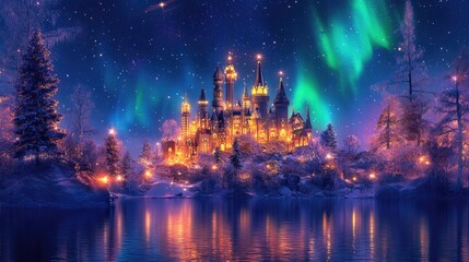 Fototapeta premium Fantasy island with a glowing castle, vibrant auroras, and stars creating a magical night ambiance