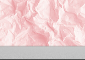 Fototapeta premium Pink paper crumpled wall floor studio shadow kitchen podium table product backdrop room pattern gradient light mockup cosmetic abstract color pastel texture scene summer loft scene template.