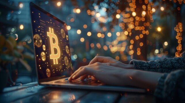 Person typing on laptop with illuminated bitcoin symbol and blurred background effect - Powered by Adobe