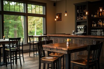 Rustic Restaurant Interior with Wooden Tables Chairs and Bar Natural Light from Large Windows
