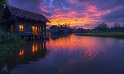 Obraz premium Sunset over water, illuminated houses on stilts.