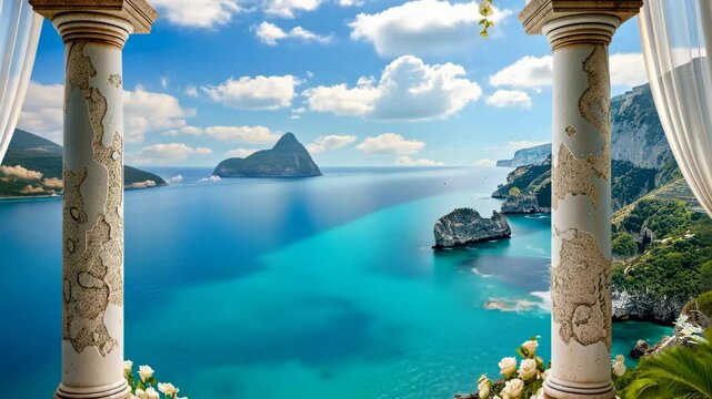Mediterranean Vista: A breathtaking view of the Mediterranean Sea through an arched window, showcasing a stunning vista of azure waters, dramatic islands.