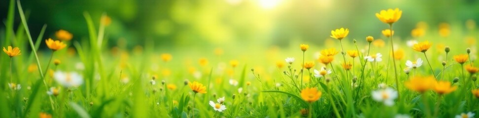 Softly swaying wildflowers in a lush green meadow, landscape, nature
