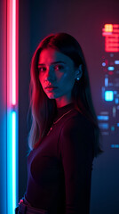 Ritratto di una ragazza, illuminata da luci al neon blu e rosse in un'ambientazione moderna e futuristica