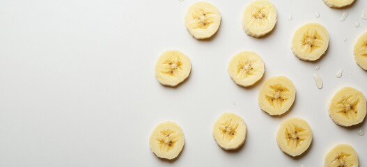 Sliced bananas on white background, overhead view