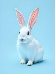 White Rabbit with Pink Ears: A charming white rabbit with pink ears sits against a vibrant blue background, gazing directly at the camera with innocent curiosity.