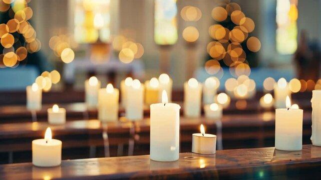 Candlelight Reflection: Rows of burning candles cast a warm, ethereal glow upon a wooden pew, their flickering flames reflecting the soft, out-of-focus light from a church sanctuary.