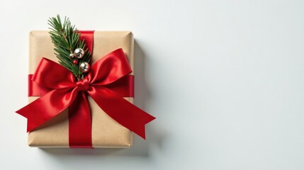 A beautifully wrapped gift, adorned with a vibrant red ribbon and festive greenery, sits elegantly on a pristine white background, perfect for your holiday messaging.