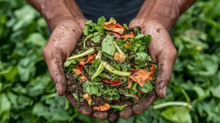 Close-Up of Hands Holding Fresh Compost in a Lush Green Environment