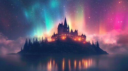Naklejka premium Island castle radiating magic, surrounded by colorful auroras and glowing stars in the sky