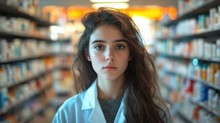 Young Female Pharmacist in Modern Drugstore Lab Coat