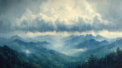 Obraz premium Rainy day, misty mountains, painted landscape.