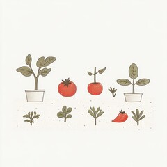 Illustration of various plants in pots with colorful tomatoes and greens