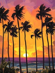 Palm Trees Silhouette at Sunset Ocean View