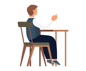 A person with short brown hair is sitting at a wooden desk, pointing forward with their right hand. Ideal for education, office work, remote learning, work from home, student activities. Simple flat