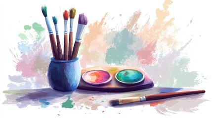 Obraz premium Colorful Art Supplies with Brushes and Watercolors on Table