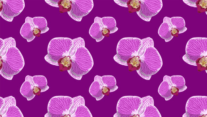 Vector seamless pattern of beautiful Orchid flower blooming. Suitable for background, wrapping, fabric texture pattern. Purple flower pattern