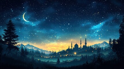 Naklejka premium Mystical City Under a Starlit Crescent Moon