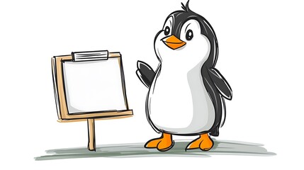 Adorable Penguin Presentation: A Cute Cartoon Illustration of a Penguin Presenting with a Blank Signboard