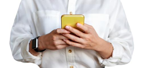 Yellow phone in hands of businessperson wearing white shirt