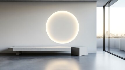 Minimalist interior design featuring a concrete bench and circular light
