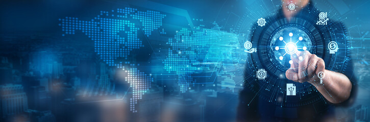 Businessman touching decentralized finance platforms, smart contract applications, peer-to-peer transactions, blockchain technology solutions, financial inclusion strategies, crypto asset management.