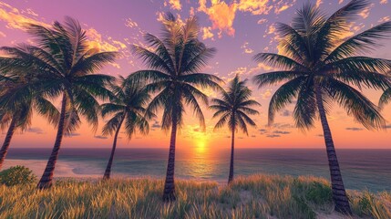 Obraz premium Tranquil Sunset Scene with Palm Trees on a Beach