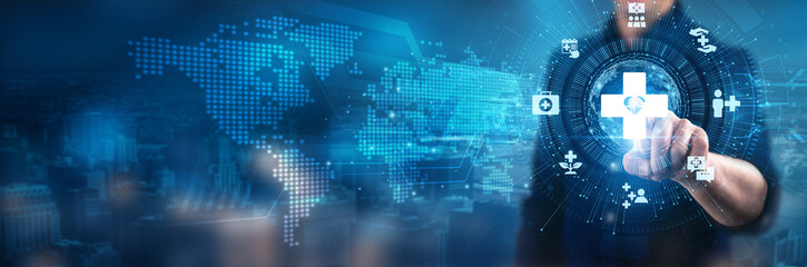 Businessman touching healthcare delivery systems, patient-centered care models, medical technology innovations, preventative health services, data management solutions, clinical research advancements.