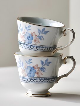 Two elegant porcelain teacups with blue and pink floral patterns and gold accents are stacked on a white surface, illuminated by soft light, highlighting their intricate design and delicate craftsmans