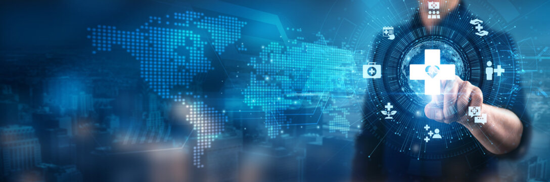 Businessman touching healthcare delivery systems, patient-centered care models, medical technology innovations, preventative health services, data management solutions, clinical research advancements.