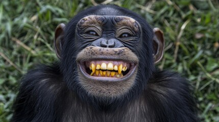 Obraz premium Happy Chimpanzee Smiling Joyously in Natural Outdoor Environment