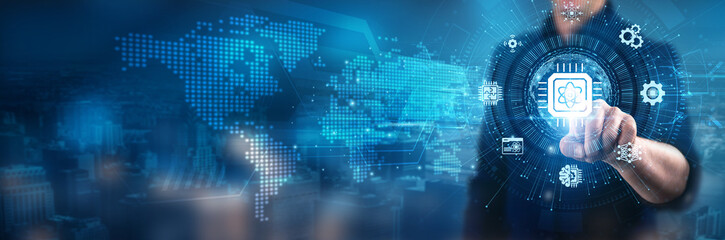 Businessman touching quantum computing interface technology, digital systems, data networks,...