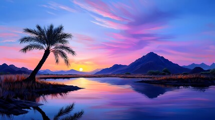 Serene Sunset Landscape with Palm Tree and Mountain Reflections