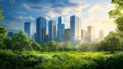 Obraz premium Urban Oasis: City Skyline and Lush Greenery at Sunrise