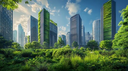 Eco-Friendly Cityscape: Modern Architecture Integrated with Lush Greenery