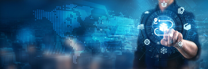 Businessman touching supply chain logistics, inventory management systems, transportation planning tools, warehouse optimization strategies, order fulfillment processes, shipping receiving operations.