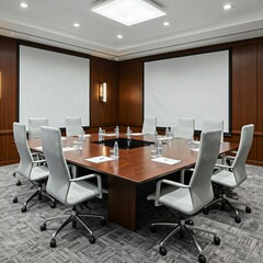 A professional conference room featuring a polished wooden table, a projector screen, and modern chairs.

