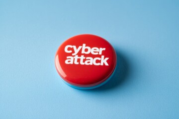 Bright red button with the text cyber attack displayed on a blue background, illustrating cybersecurity concerns and awareness campaigns