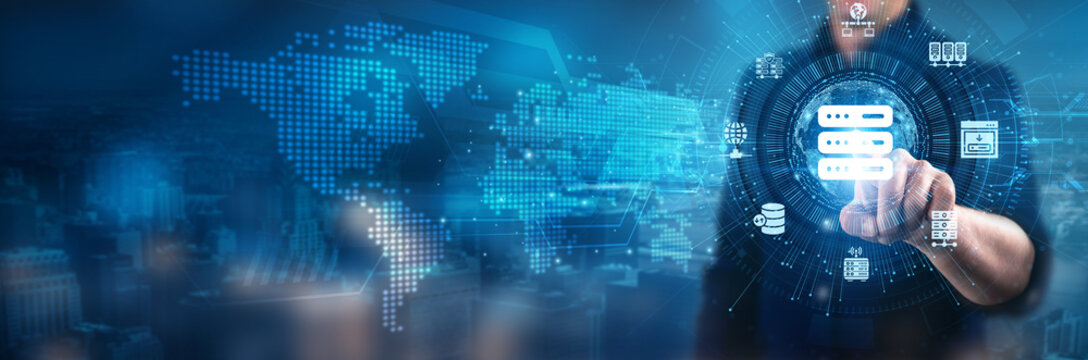 Businessman touching web hosting services, cloud hosting solutions, dedicated server options, domain management systems, data backup strategies, scalability features, and global communication systems.
