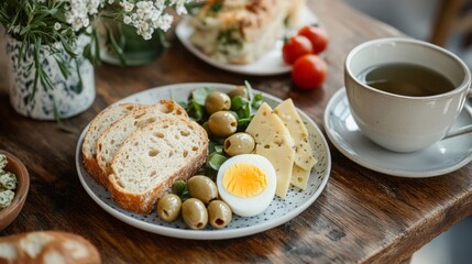 Inviting Suhoor table featuring small plate of olives, cheese, boiled eggs, and whole grain bread, with a cup of herbal tea on the side. The setting captures essence of a light yet fulfilling meal