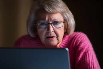 Senior woman with glasses looking concerned while using laptop in dimly lit room during evening hours