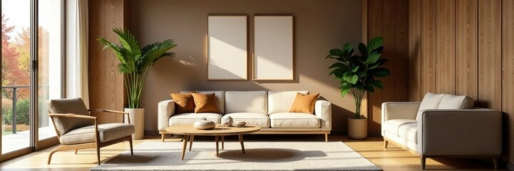 Soigneux salon avec cadres modernes et meubles l?gers, wooden frames, elegant