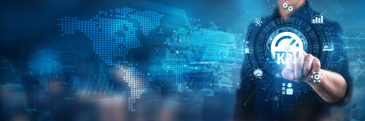 KPIs. Businessman touching key performance indicators, data-driven insights, performance measurement frameworks, strategic goal alignment, operational efficiency metrics, and business growth tracking.